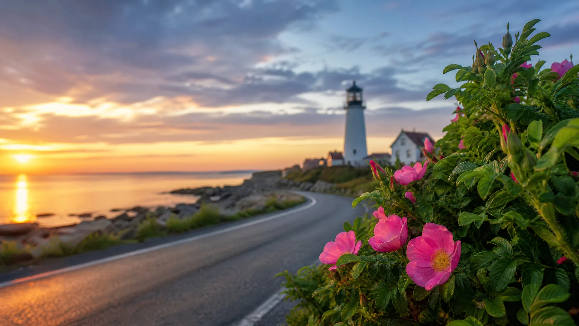 A curving paved coastal road leads toward a white lighthouse and adjacent buildings at sunset, with pink wild roses and green foliage in the foreground at right and calm water at left.