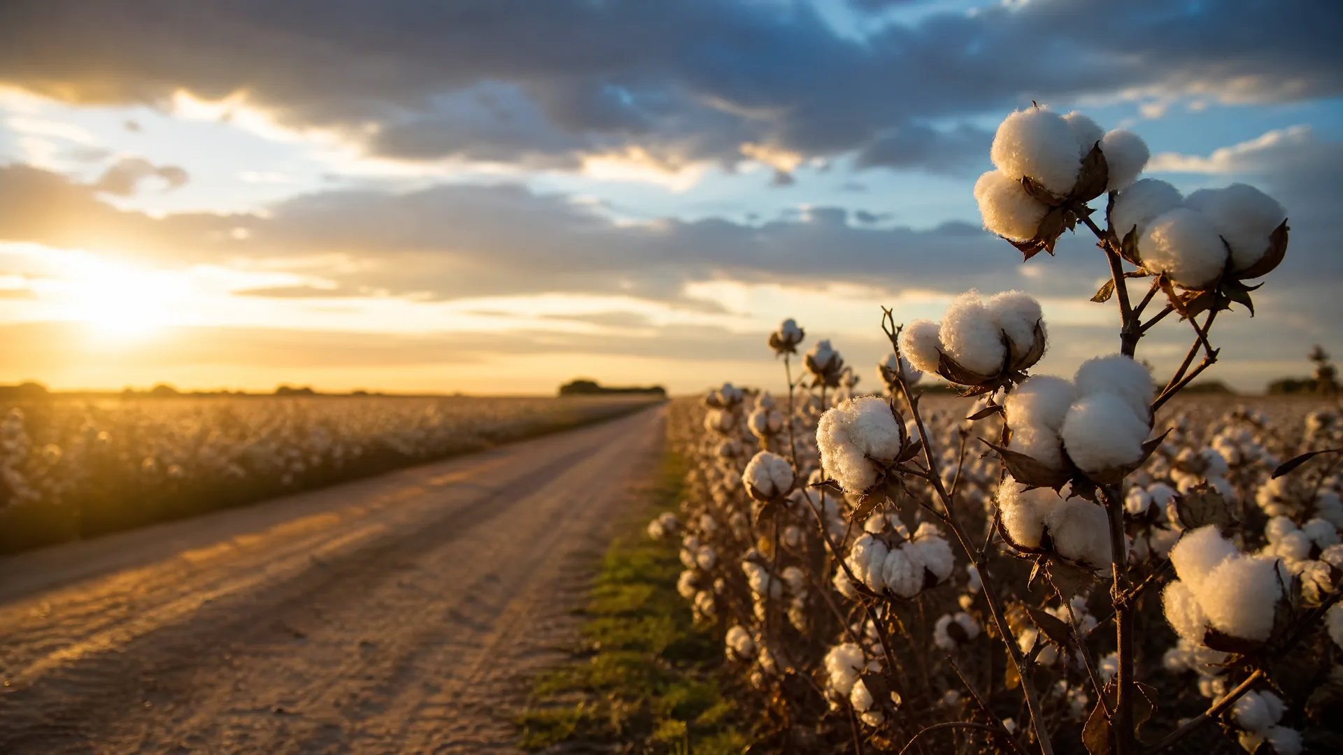 A dirt track runs between cotton fields at sunset, with open cotton bolls on dry stems in close-up at the right and clouds overhead.