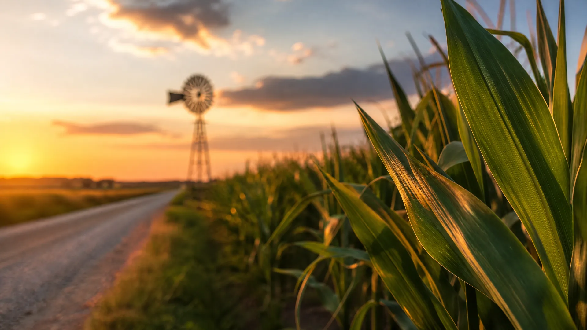 Close-up of corn leaves beside a gravel road at sunset, with a metal windmill silhouetted against an orange sky in the blurred background.