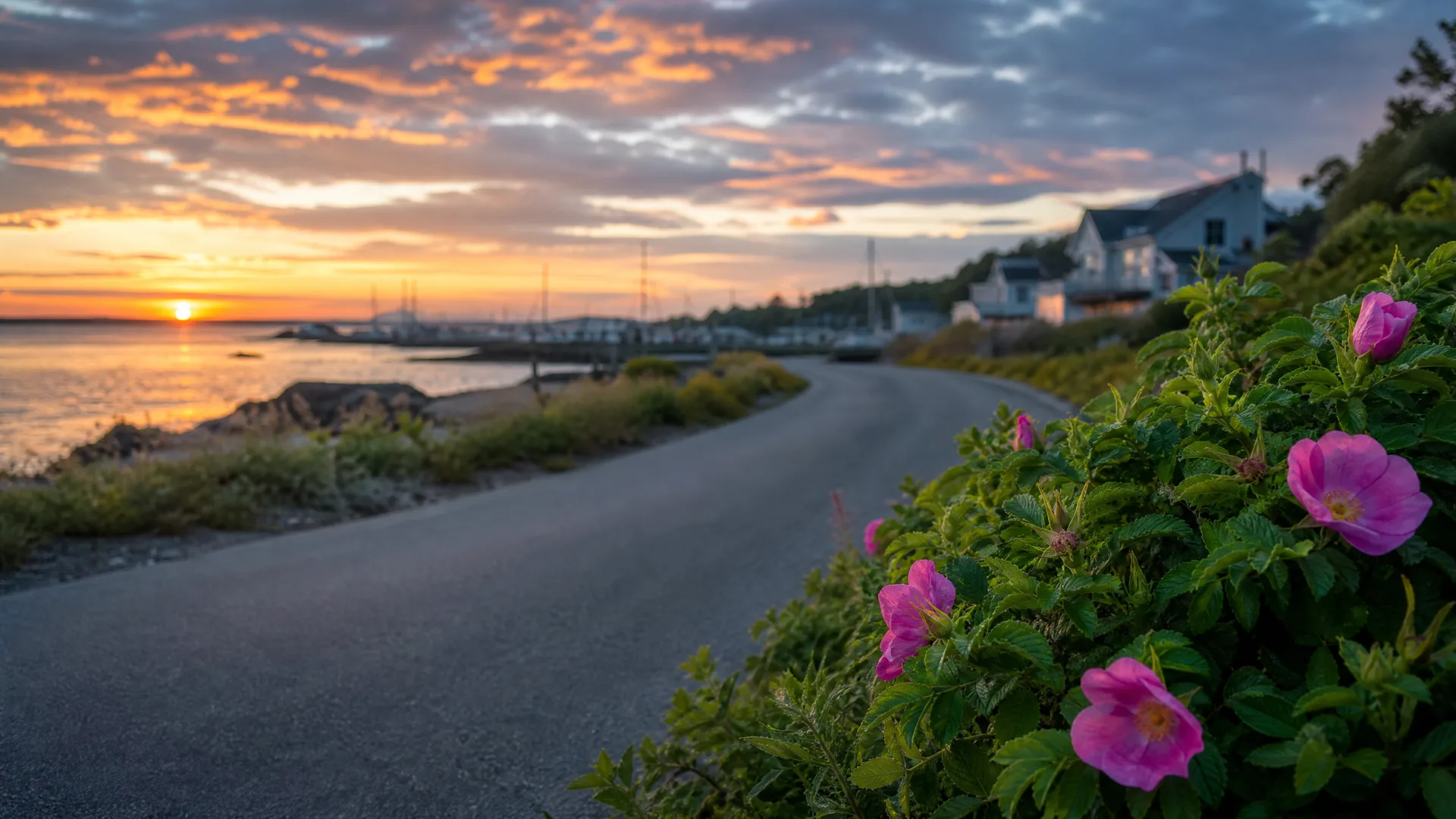 A paved road curves along a rocky shoreline at sunset, with pink wild roses and green foliage in the foreground and white houses among trees in the background.