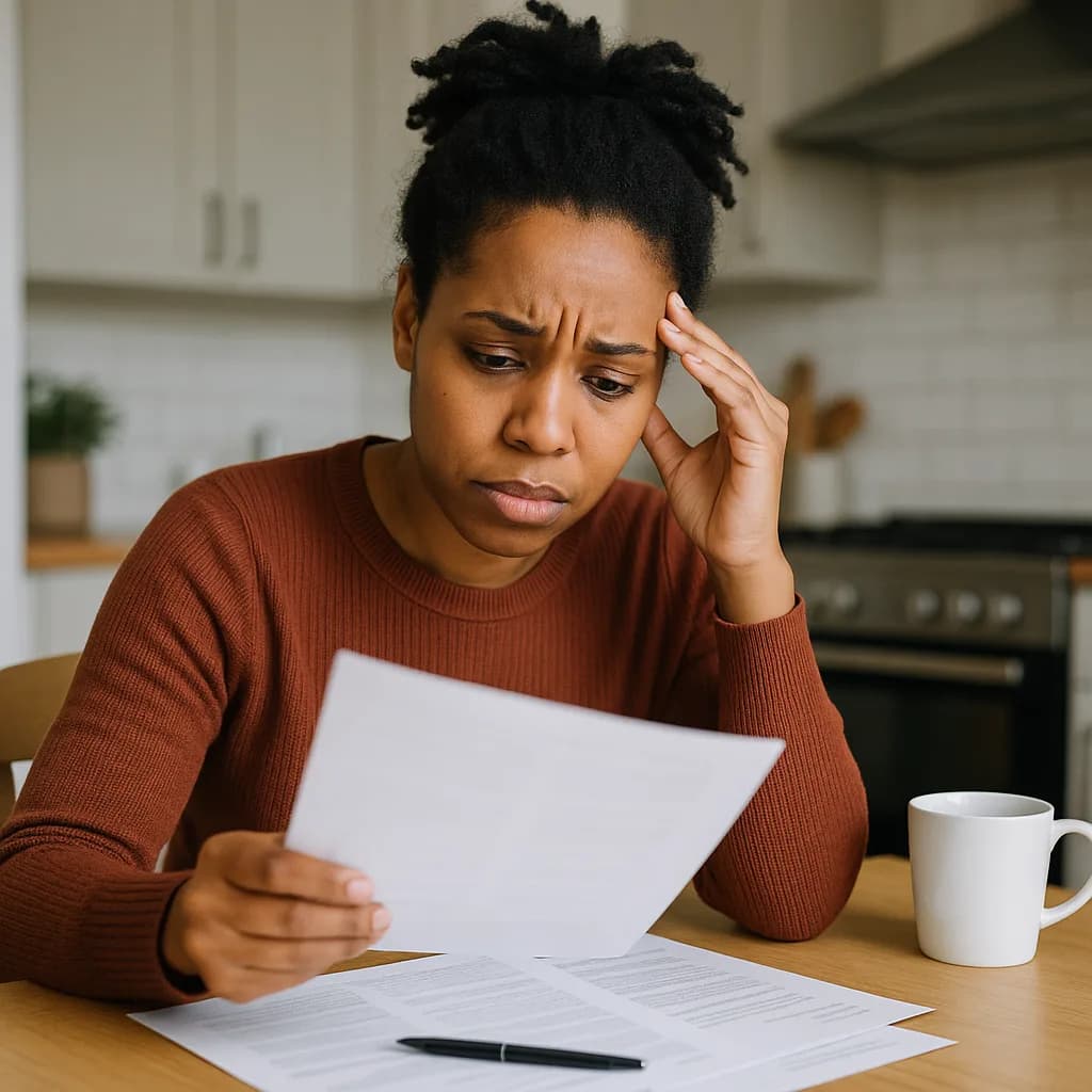 Stressed woman reviewing documents at kitchen table with worried expression