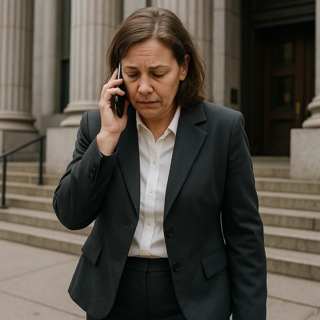 Professional woman in business suit talking on phone outside courthouse with classical columns in background