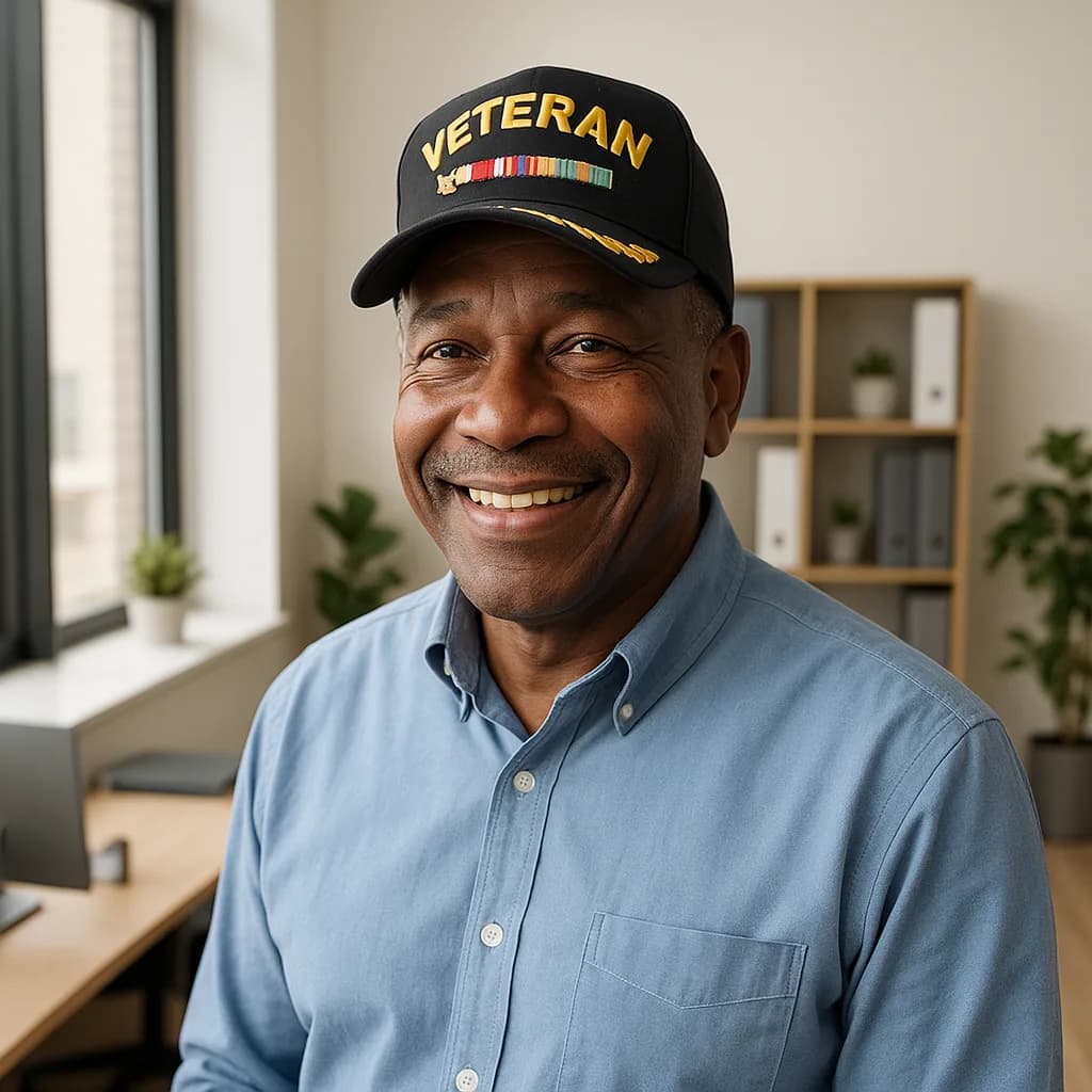 Smiling veteran in black cap with service ribbons wearing blue shirt in modern office setting
