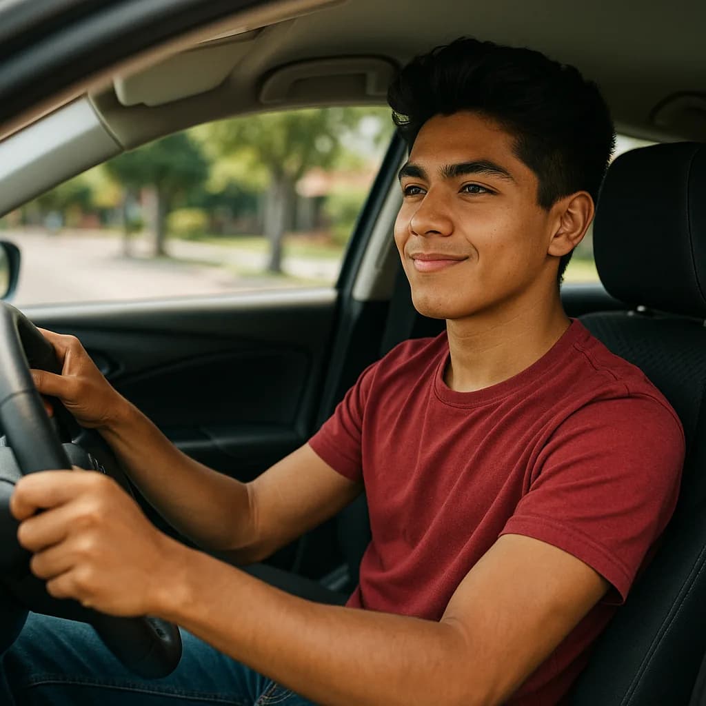 Young man smiling while driving a car, wearing burgundy shirt, with park visible through window