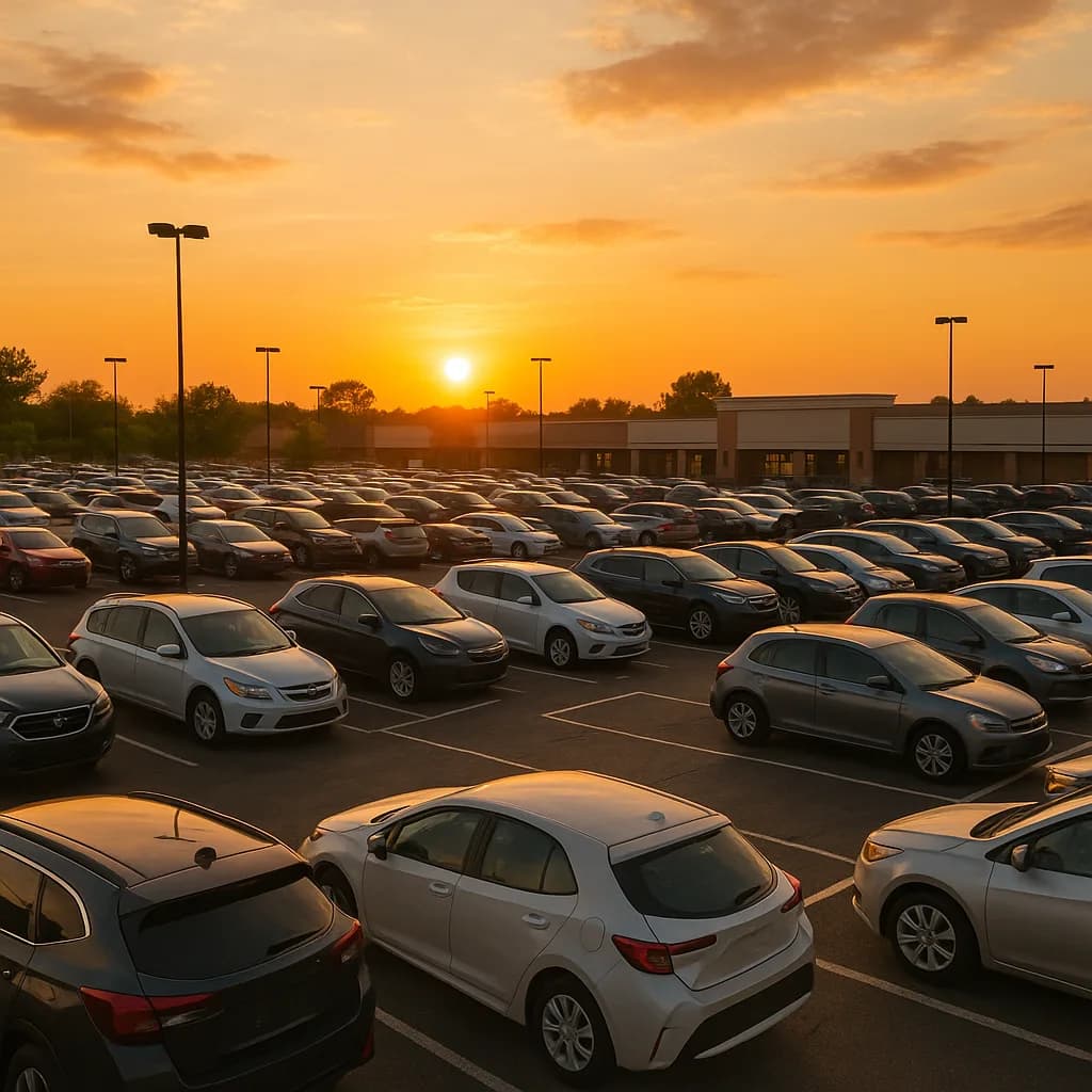 Crowded parking lot at sunset with rows of cars and light poles against an orange sky