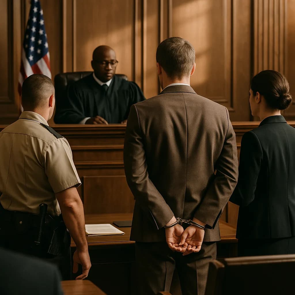 Defendant in handcuffs standing before judge in courtroom with bailiff and attorney