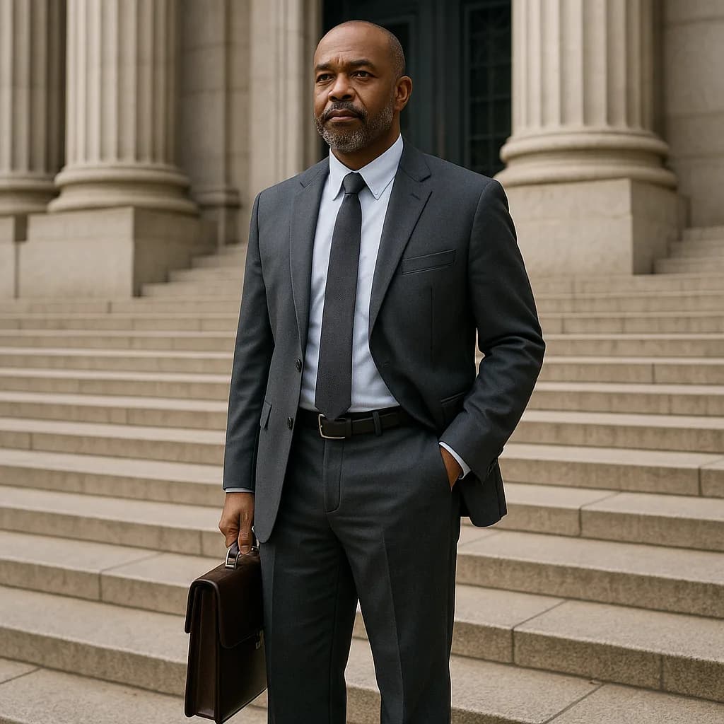 Professional businessman in suit standing on courthouse steps holding briefcase