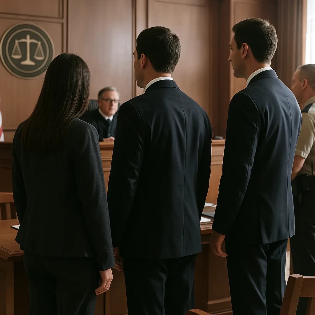 Three lawyers in suits standing before a judge in a formal courtroom with scales of justice symbol on wall