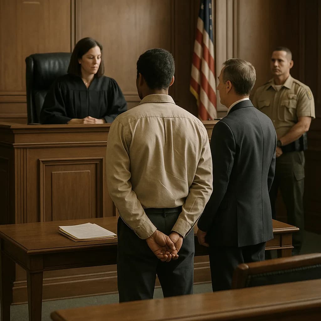 Defendant and lawyer standing before judge in courtroom during legal proceeding