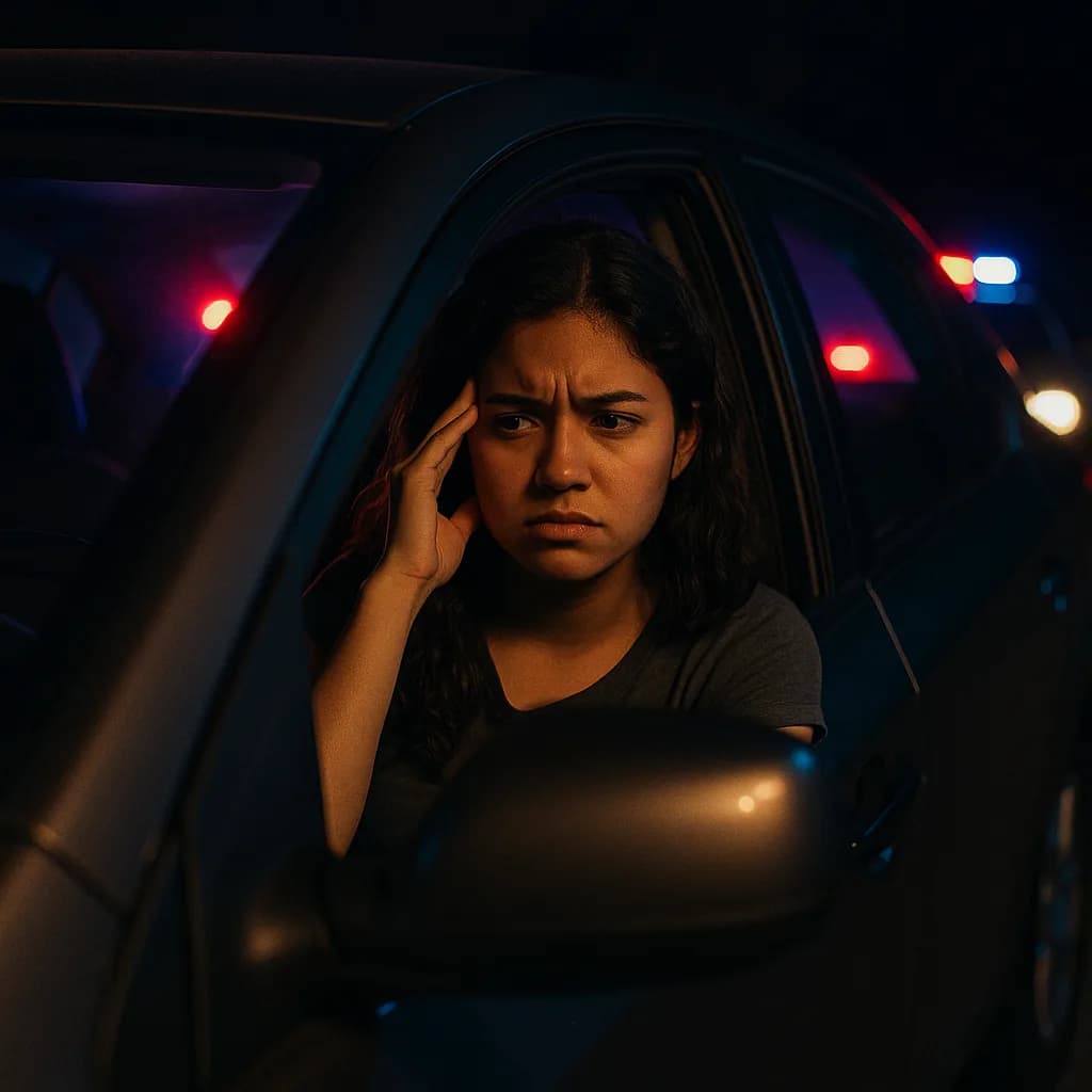 Worried woman in car at night with police lights in background