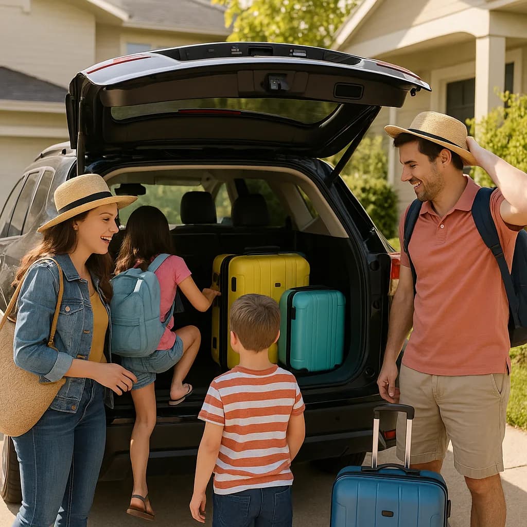 Happy family loading colorful suitcases into car trunk preparing for vacation trip