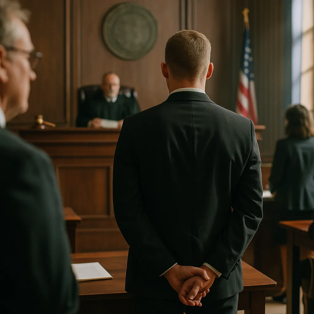 Man in suit standing in courtroom facing judge during legal proceedings