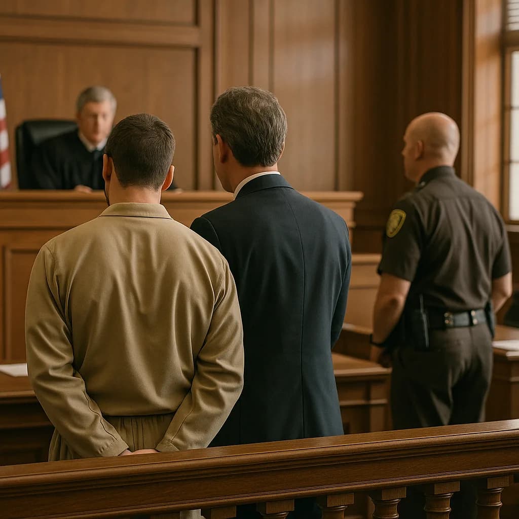Rear view of two men standing before a judge in a wooden courtroom with a bailiff present