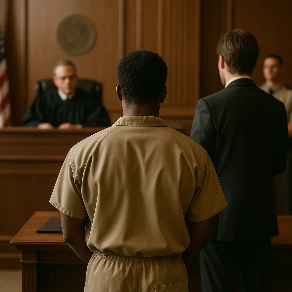 Defendant in prison uniform standing before judge in courtroom with attorney