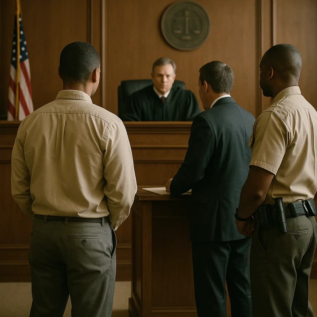 Three men standing before a judge in a courtroom, with two uniformed officers flanking a man in a suit