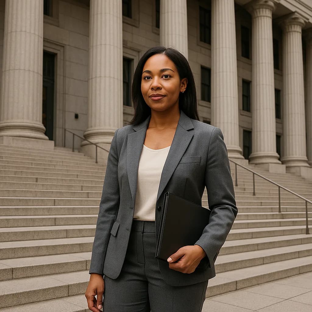 Professional Black woman lawyer in gray suit standing on courthouse steps holding portfolio
