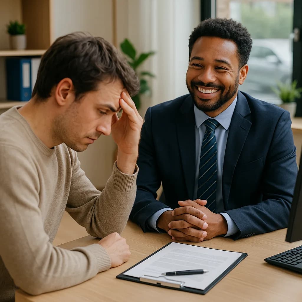 Business professional counseling stressed client during office meeting with documents on desk