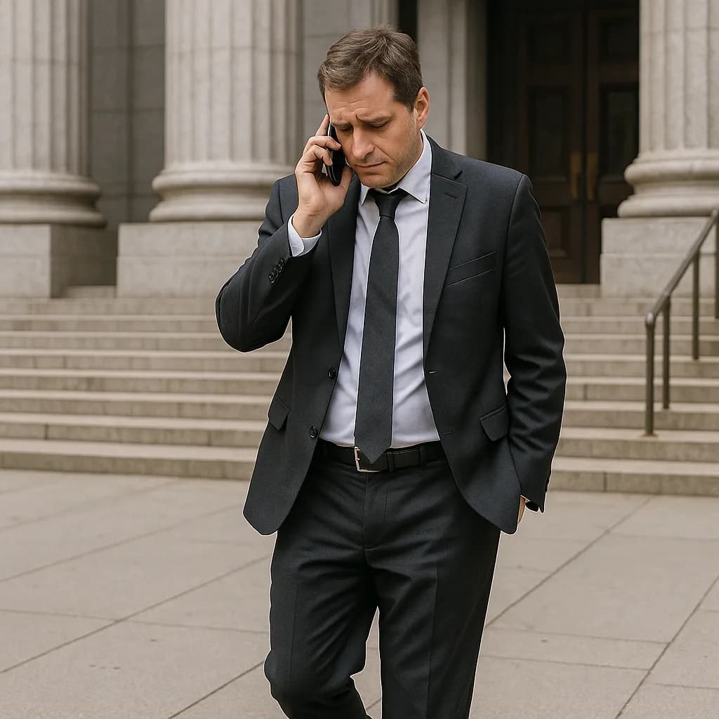 Businessman in suit talking on phone outside courthouse with classical columns