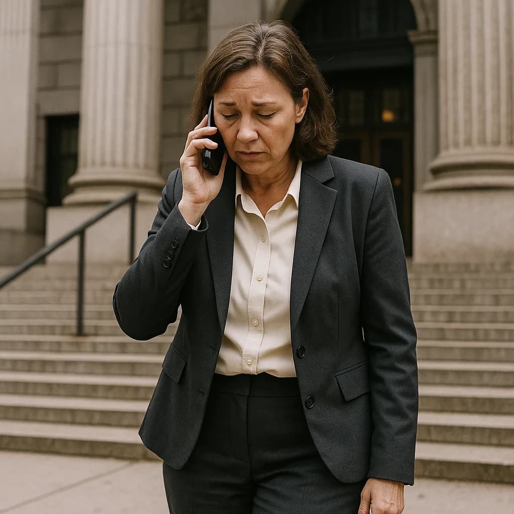 Woman in business suit talking on phone outside courthouse with classical columns in background