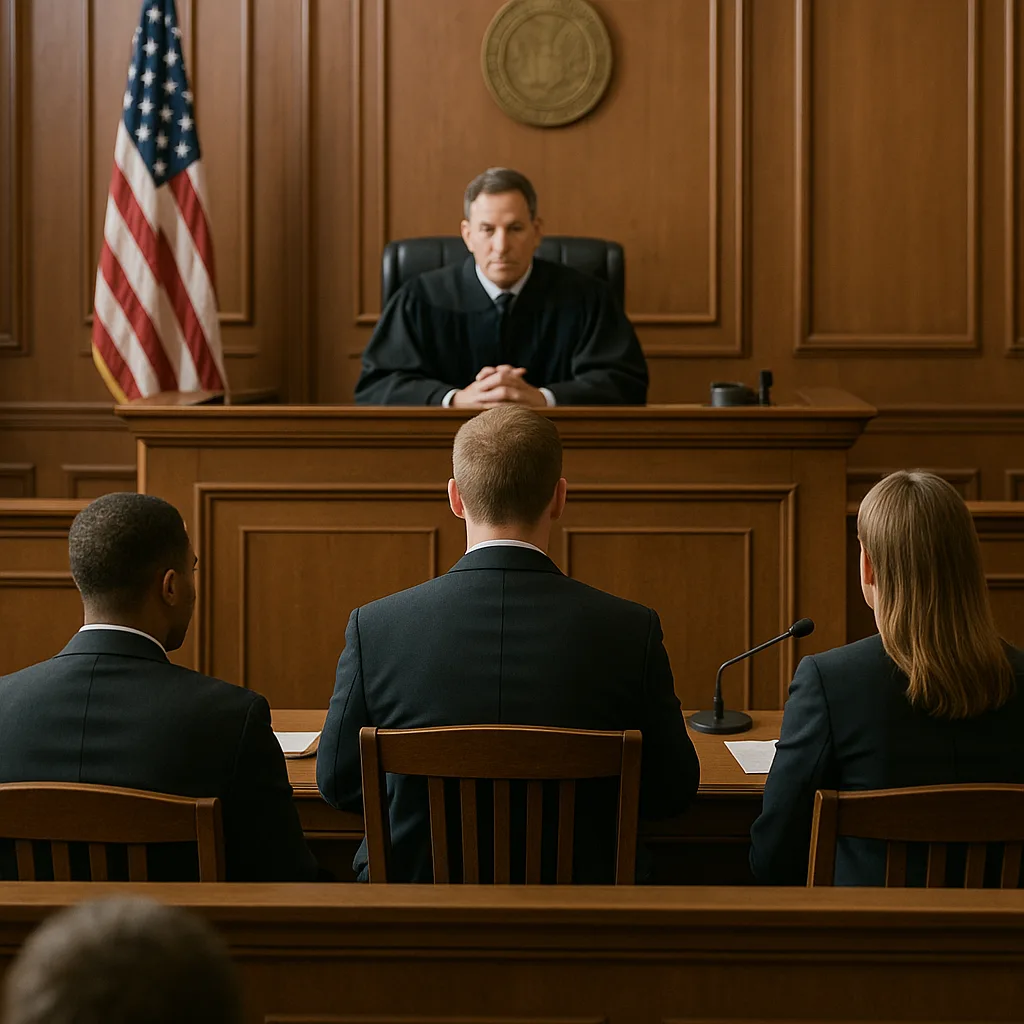 Judge presiding over courtroom proceedings with three attorneys or defendants seated before the bench