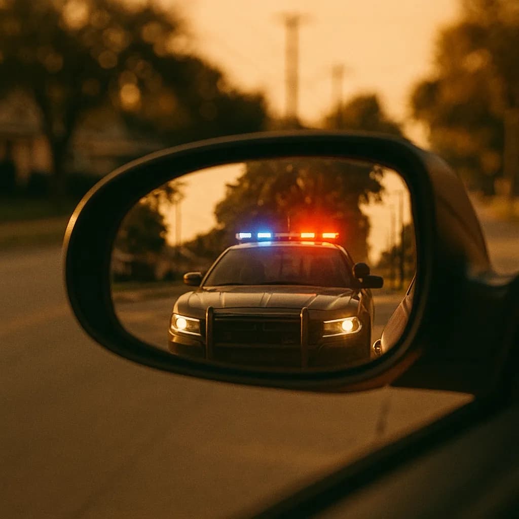 Police car with flashing lights visible in vehicle side mirror during golden hour