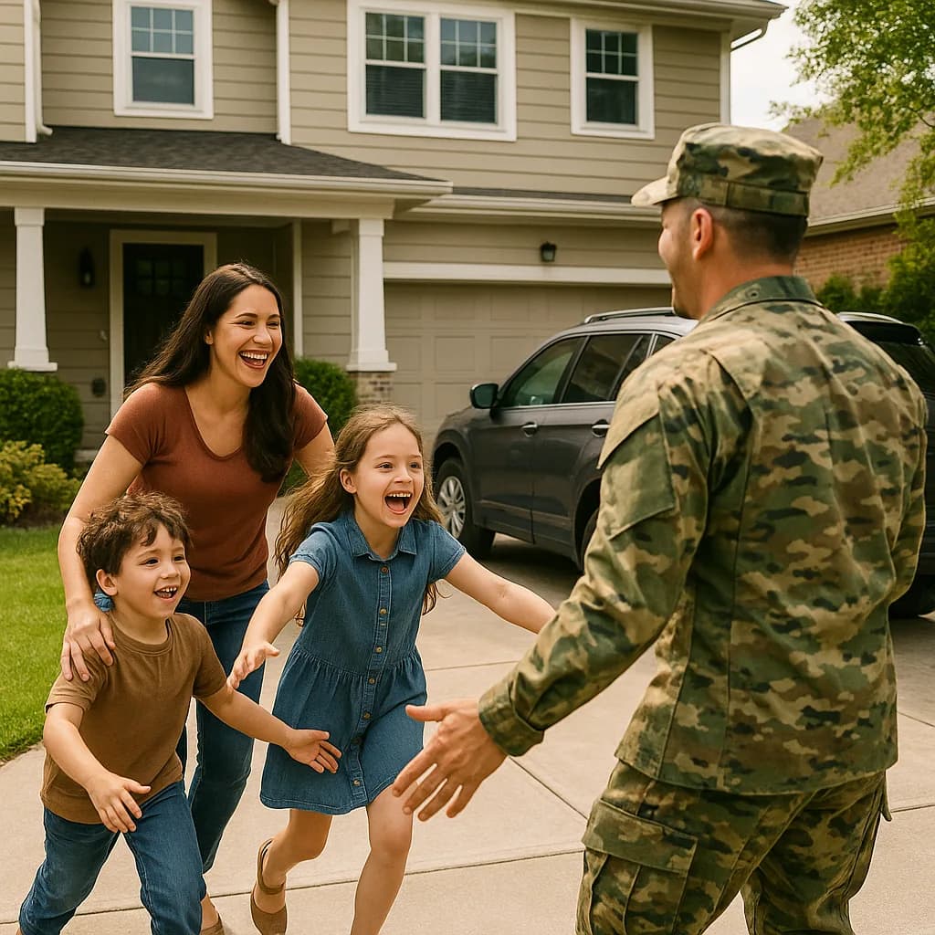 Military service member reuniting with happy children and spouse in front of suburban home