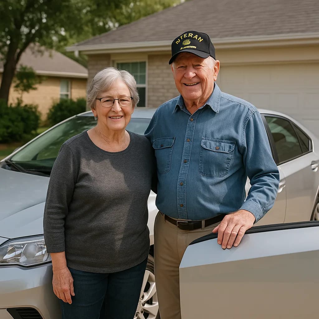 Happy senior couple standing by car in front of their home, man wearing veteran cap