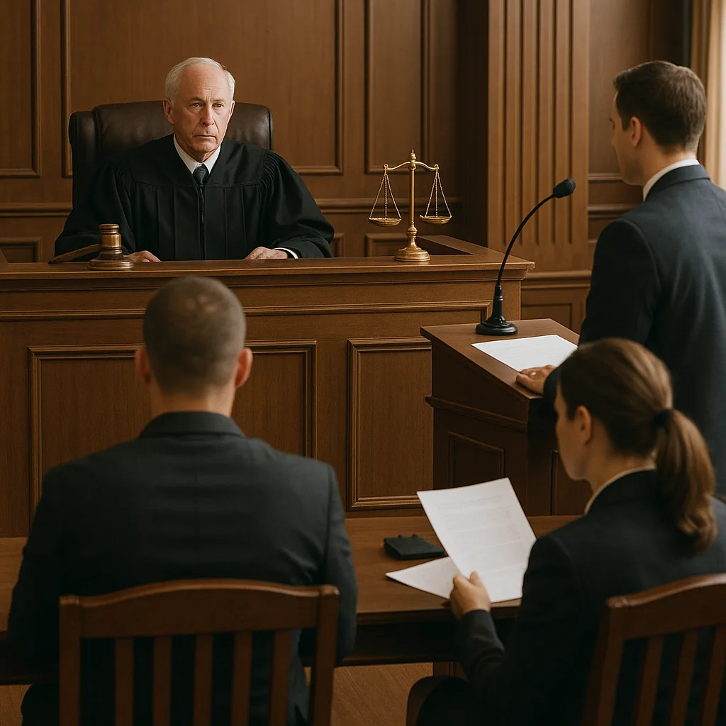 Judge presiding over courtroom with attorneys and defendant during legal proceedings