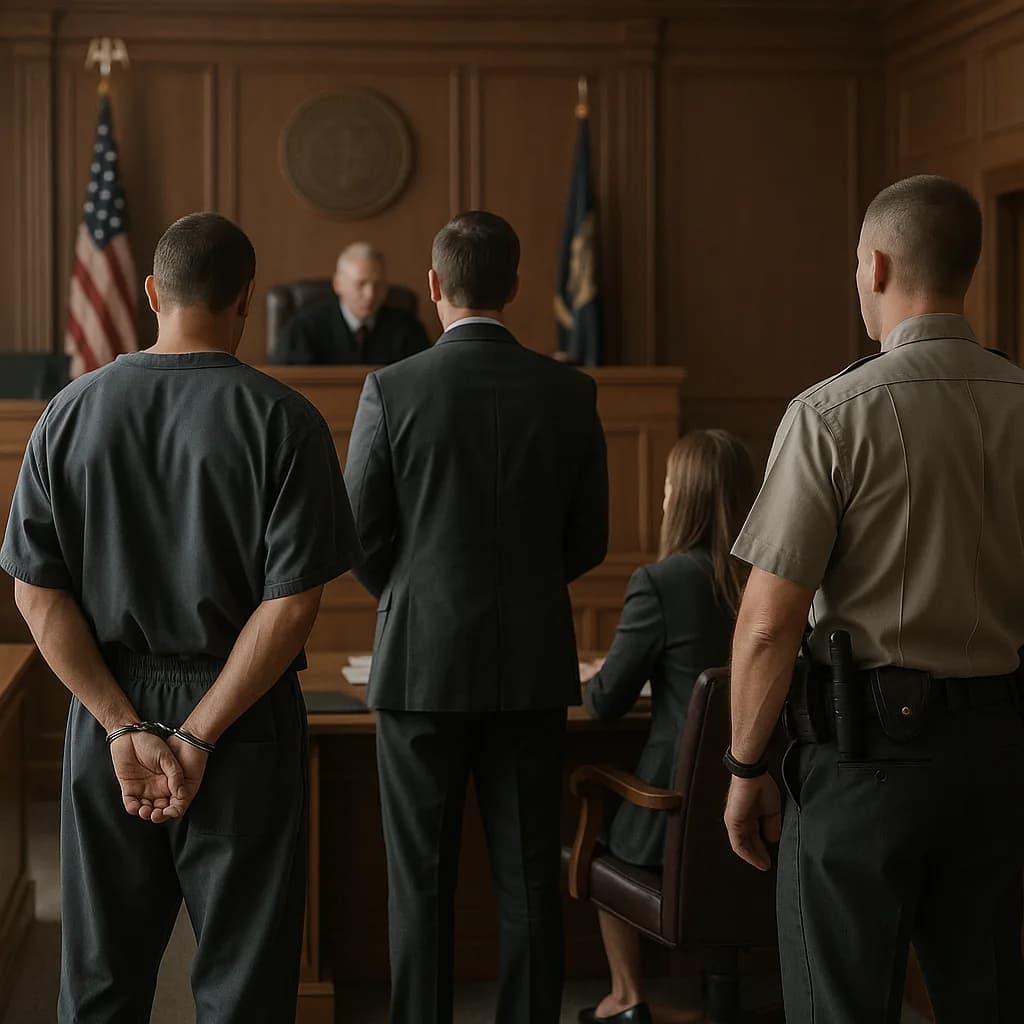 Courtroom scene with handcuffed defendant, attorney, and officer standing before judge