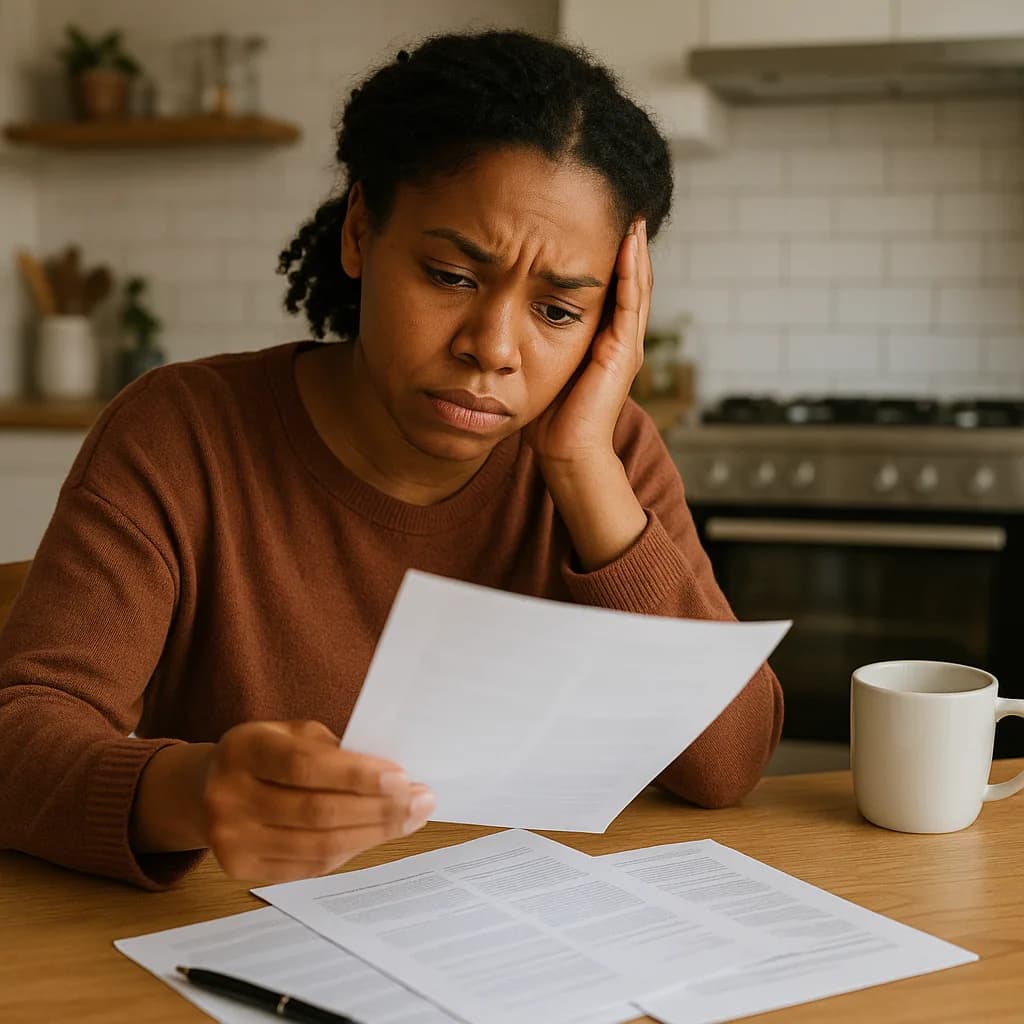 Stressed woman reading financial documents at kitchen table with concerned expression