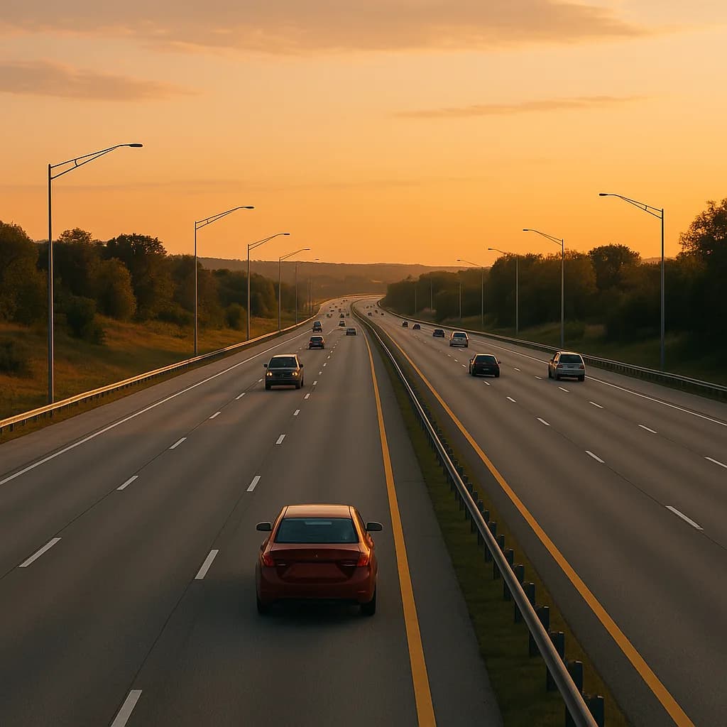 Highway at sunset with red car driving on multi-lane freeway lined with street lamps and trees