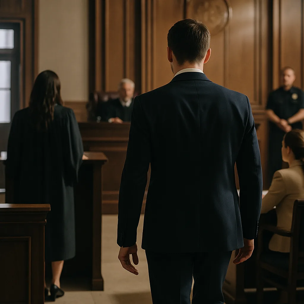 Man in suit standing in courtroom facing judge's bench during legal proceedings