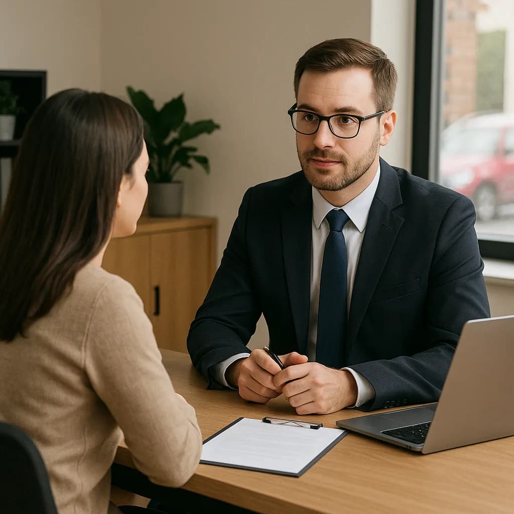 Business professional in suit and glasses meeting with client at office desk with laptop and documents