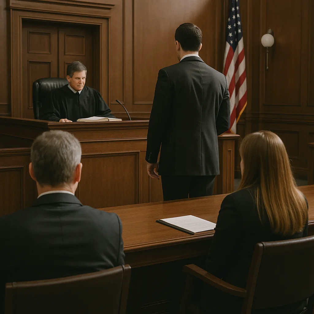 Judge presiding over courtroom proceedings with attorneys and defendant in formal legal setting
