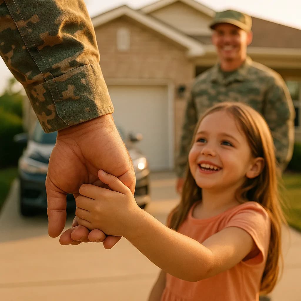 Young girl holding hands with military parent returning home, with another service member smiling in background