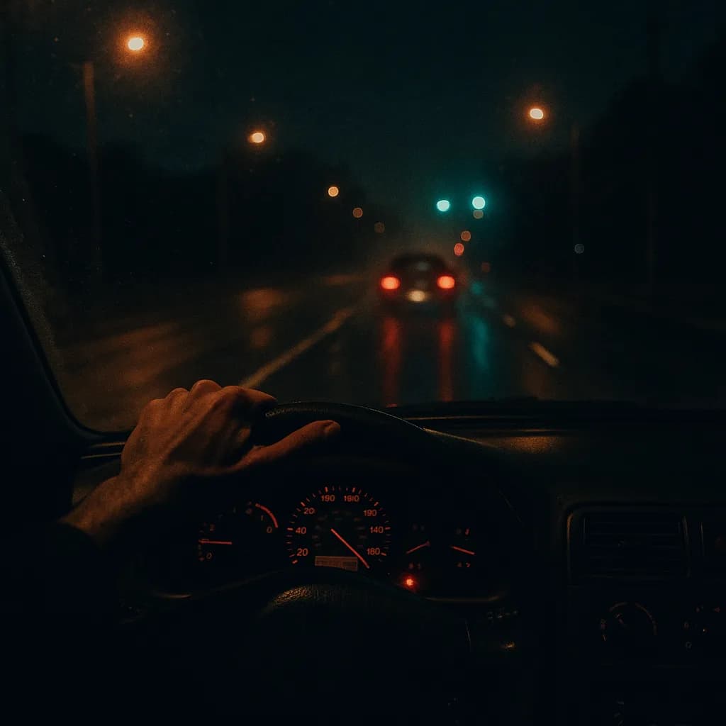 Hand on steering wheel driving at night on wet road with blurred bokeh lights and illuminated dashboard