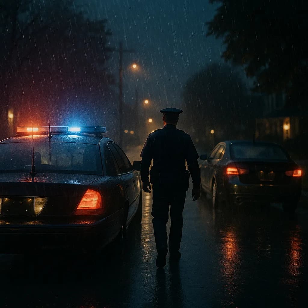 Police officer standing in rain next to patrol car with emergency lights on dark street at night