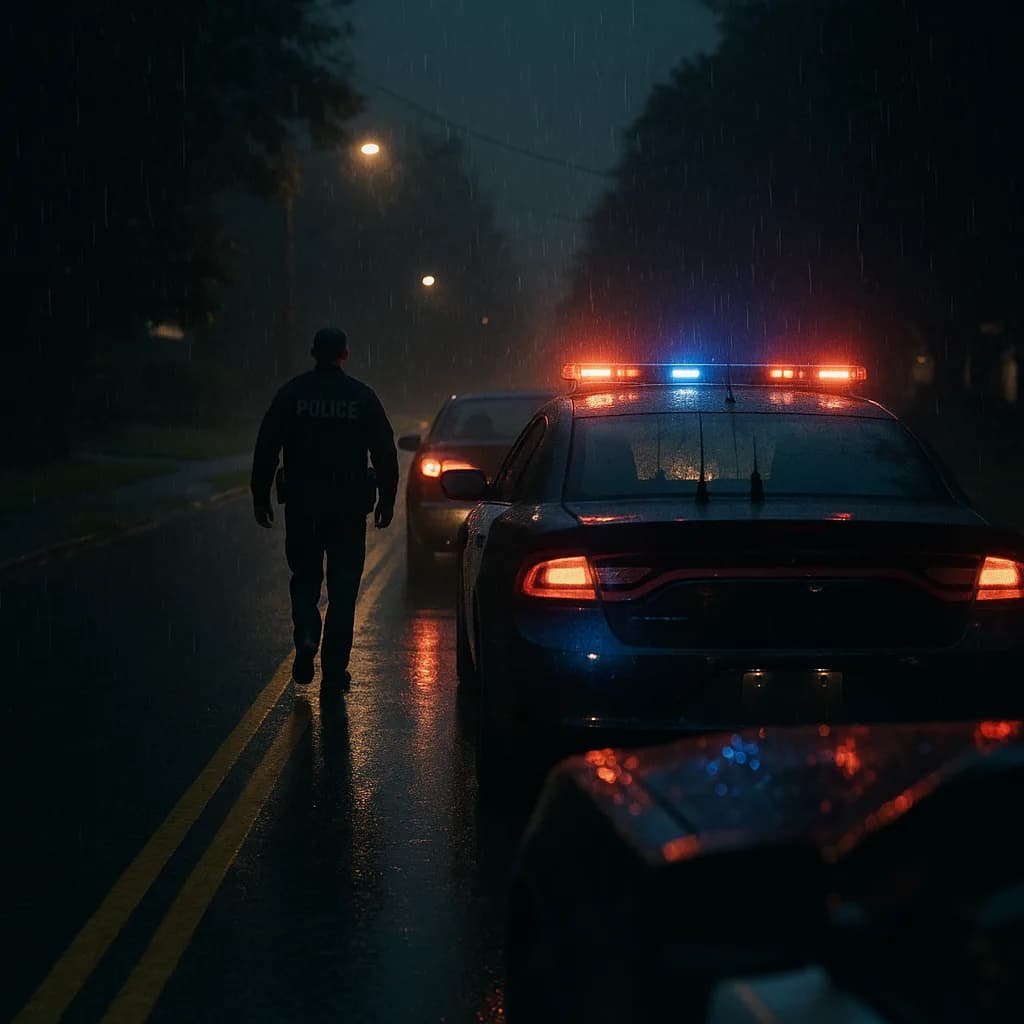 Police officer walking toward patrol car with flashing lights on rainy night street