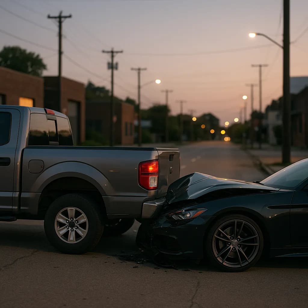 Car accident between pickup truck and sports car on residential street at dusk