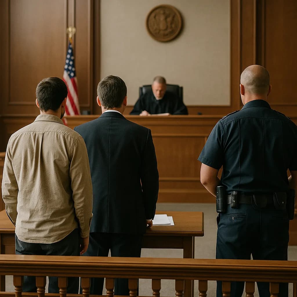 Three people standing before a judge in a courtroom with American flag and official seal visible