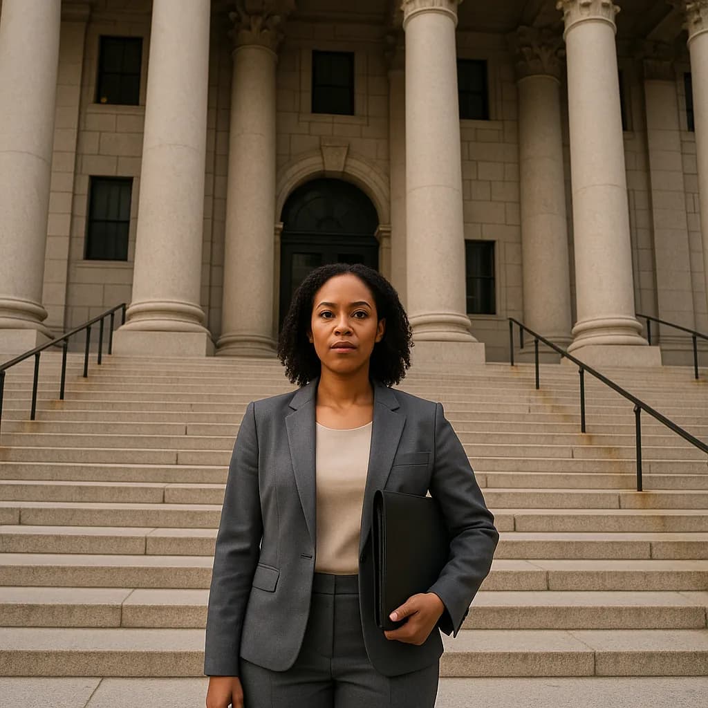 Professional Black woman in business suit standing on courthouse steps with columns behind her
