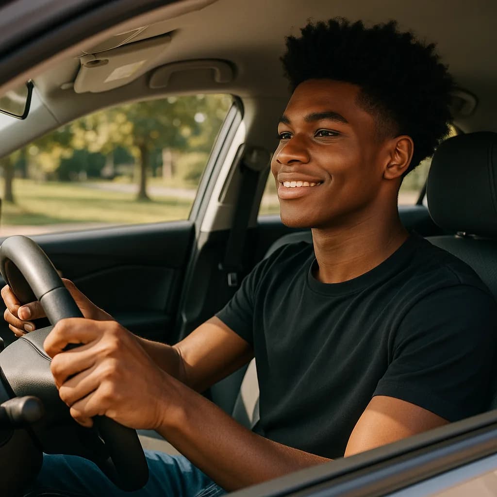 Young man smiling while sitting in driver's seat of car with hands on steering wheel
