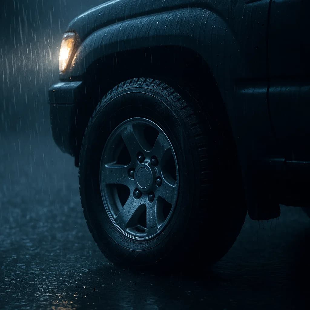 Close-up of car wheel and tire in heavy rain with dramatic lighting and dark atmospheric mood