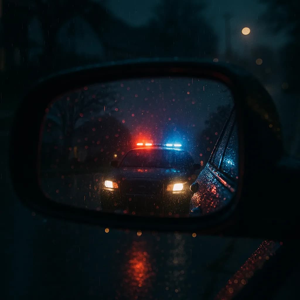 Police car with red and blue lights reflected in rainy side mirror at night