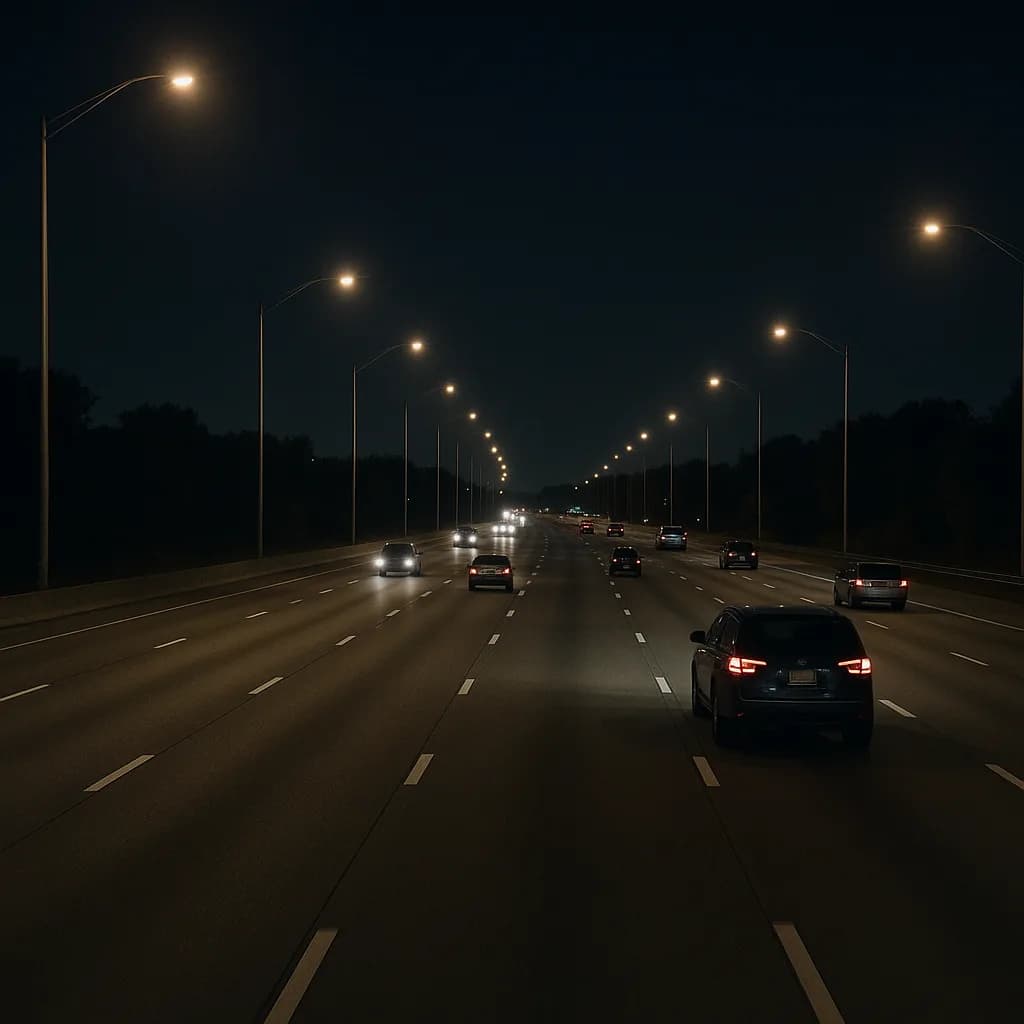 Nighttime highway with illuminated street lamps and cars driving on multi-lane freeway at dusk