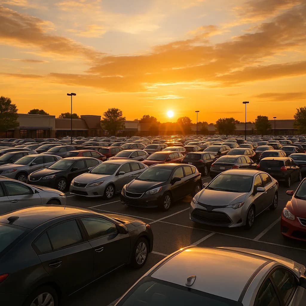 Crowded parking lot full of cars at sunset with orange sky and silhouetted buildings