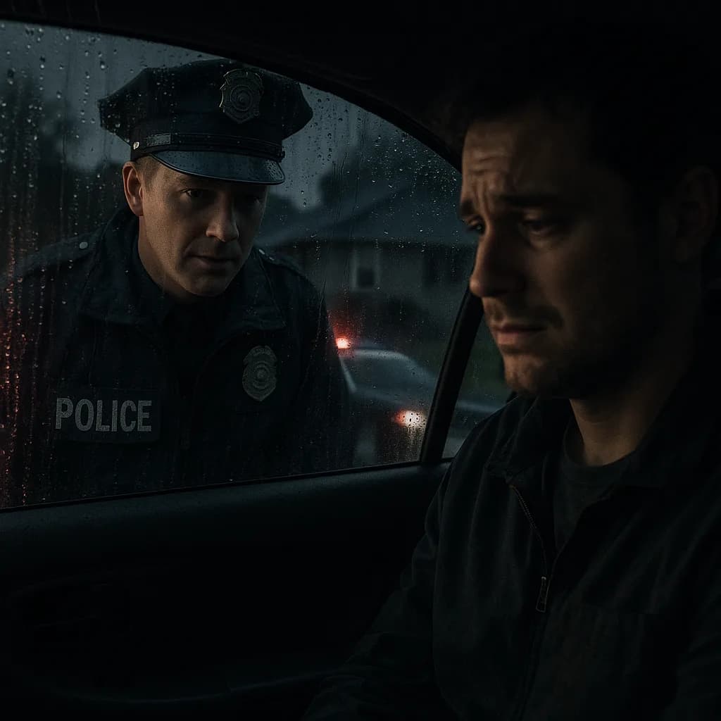 Police officer looking through rainy car window at driver during nighttime traffic stop