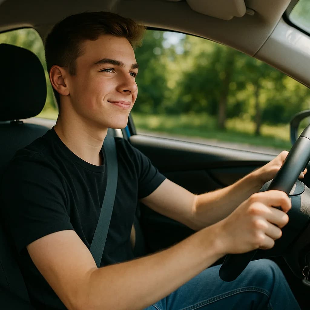 Happy young man smiling while driving a car on a sunny day with green trees visible through the window