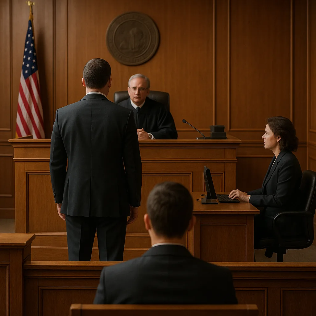 Judge presiding over courtroom proceedings with attorney standing before the bench