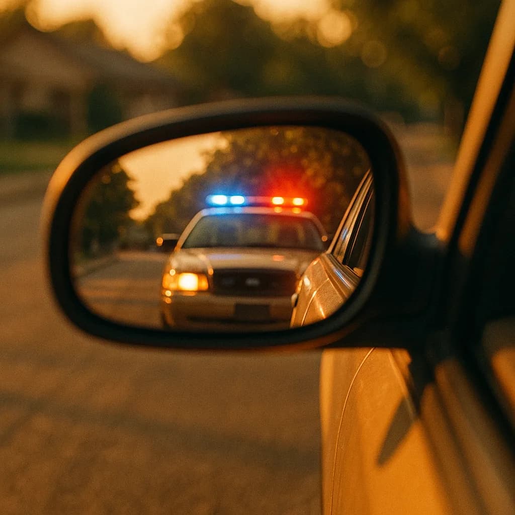 Police car with flashing lights reflected in car side mirror during traffic stop